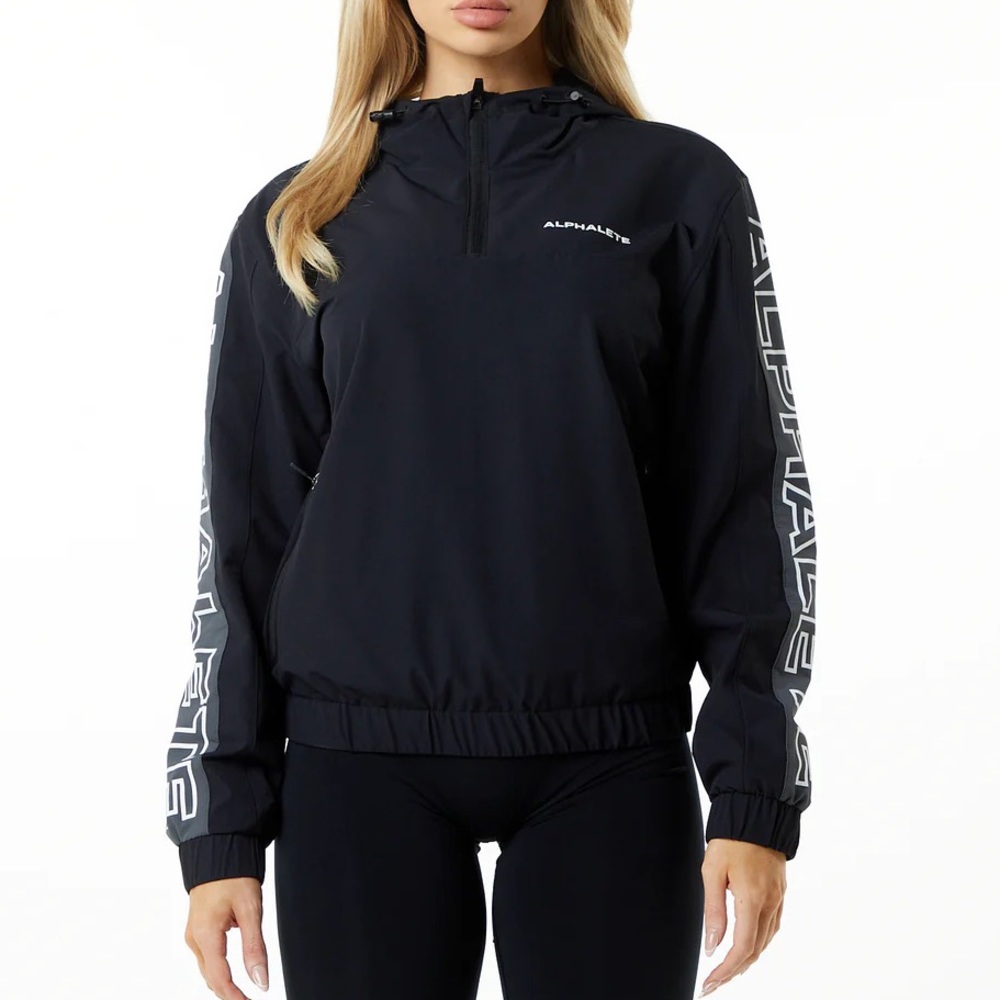 Alphalete Black Hooded Windbreaker with White Sleeve Logo